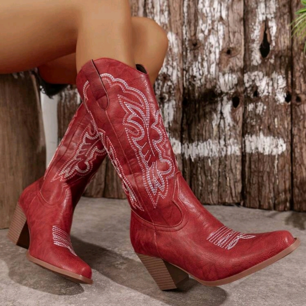 NEW RED POINTED TOE EMBROIDERED WESTERN STYLE MID-CALF BOOTS